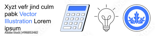 Education, business solutions, sustainability, eco-friendly concepts, creativity, innovation. Graphic with a calculator, light bulb and eco icon. Business solutions and sustainability concept
