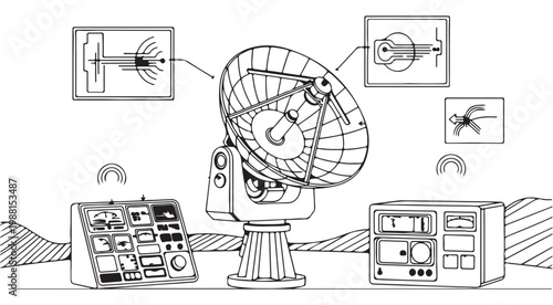 Technical line art illustration of a satellite dish antenna station with control consoles and signal diagrams for telecommunications and space research