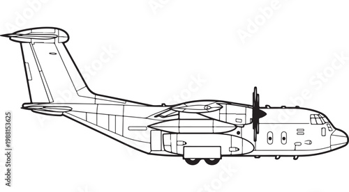 Military cargo transport aircraft line art vector illustration for coloring book or aviation technical diagram