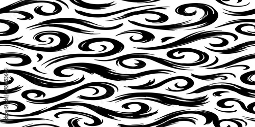 Seamless vector pattern of dynamic black brush strokes forming elegant swirls, loops, and flowing waves, hand-painted ink texture, monochrome, high contrast, minimalist, organic and fluid motion, clea