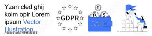 Data security, financial privacy, teamwork, compliance, digital governance, cryptocurrency. GDPR text surrounded by stars, digital wallet with coins and people climbing steps. Data security