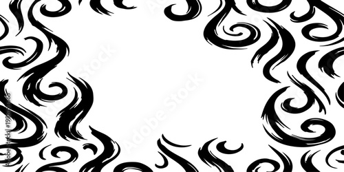 Seamless vector pattern of dynamic black brush strokes forming elegant swirls, loops, and flowing waves, hand-painted ink texture, monochrome, high contrast, minimalist, organic and fluid motion, clea