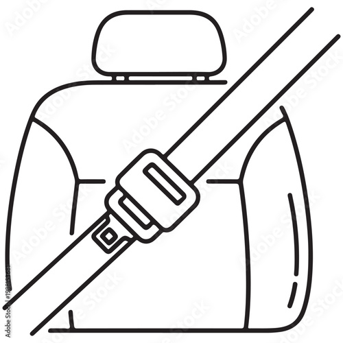 Fastened seatbelt on car seat line art icon for automotive safety and travel security