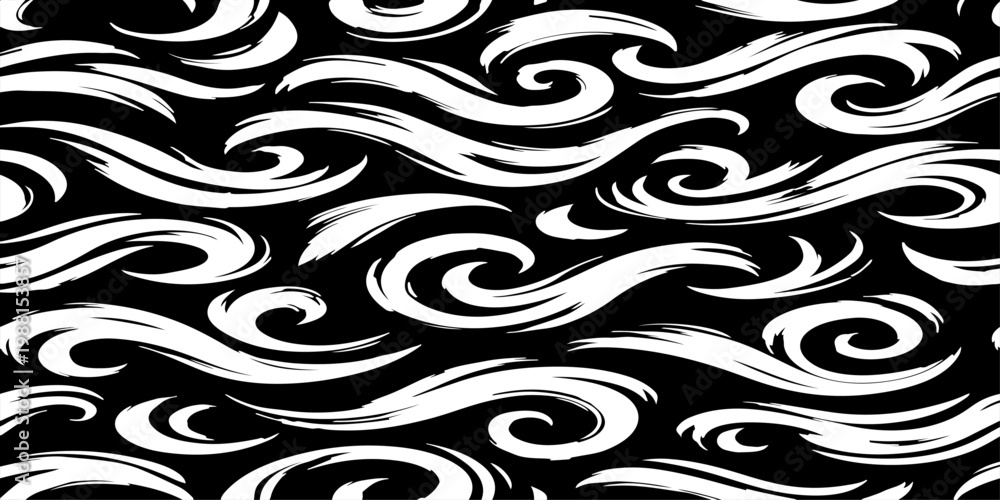 Fototapeta premium Seamless vector pattern of dynamic black brush strokes forming elegant swirls, loops, and flowing waves, hand-painted ink texture, monochrome, high contrast, minimalist, organic and fluid motion, clea