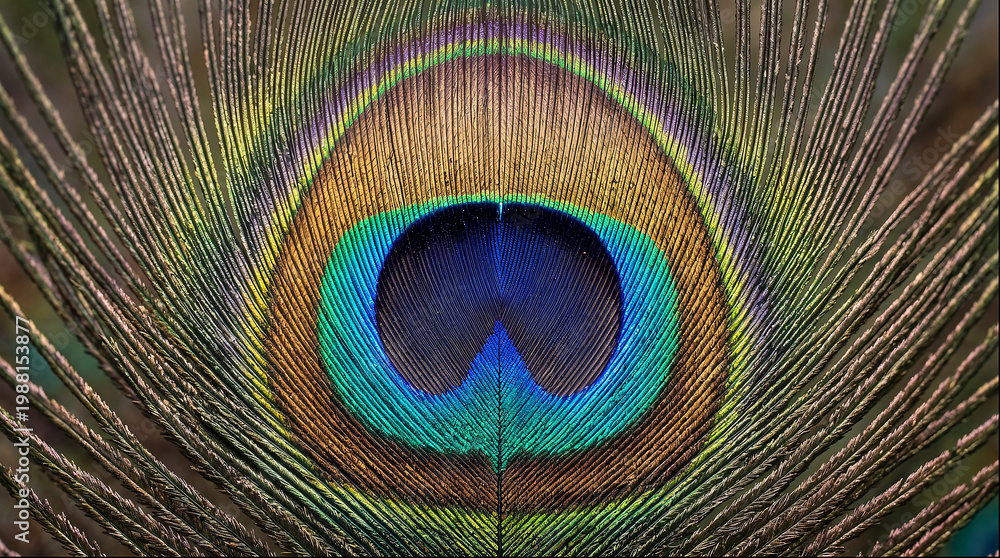 Fototapeta premium Peacock feather close up showing iridescent eye pattern