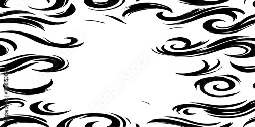 Seamless vector pattern of dynamic black brush strokes forming elegant swirls, loops, and flowing waves, hand-painted ink texture, monochrome, high contrast, minimalist, organic and fluid motion, clea