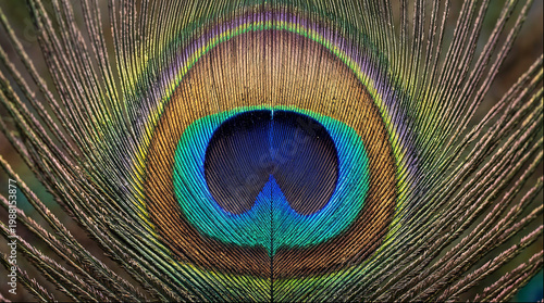 фотографія Peacock feather close up showing iridescent eye pattern