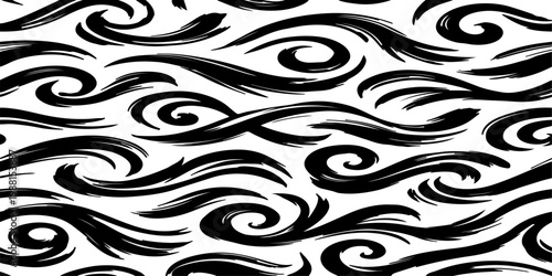 Quadro su tela Seamless vector pattern of dynamic black brush strokes forming elegant swirls, l