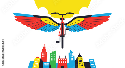 Bicycle with colorful wings flying over city skyline under sun
