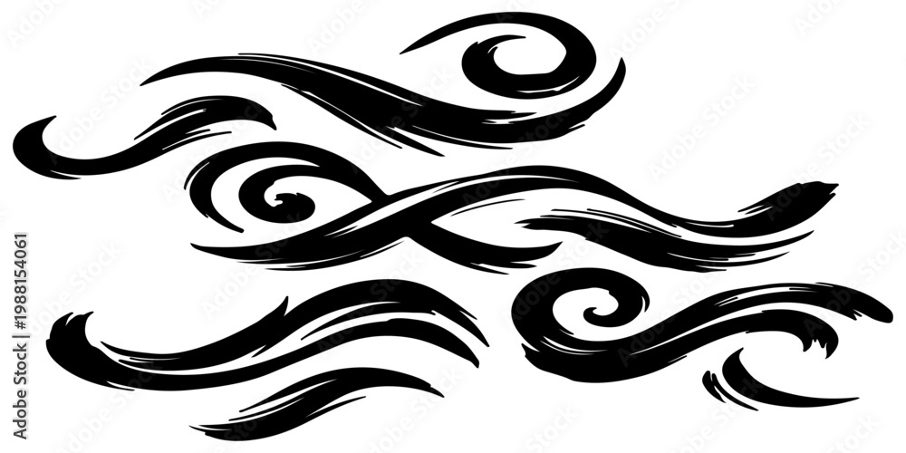 Fototapeta premium Seamless vector pattern of dynamic black brush strokes forming elegant swirls, loops, and flowing waves, hand-painted ink texture, monochrome, high contrast, minimalist, organic and fluid motion, clea