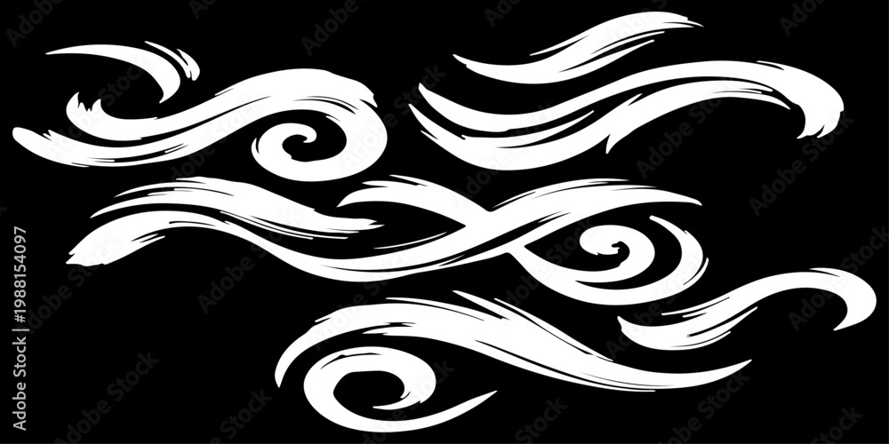Fototapeta premium Seamless vector pattern of dynamic black brush strokes forming elegant swirls, loops, and flowing waves, hand-painted ink texture, monochrome, high contrast, minimalist, organic and fluid motion, clea