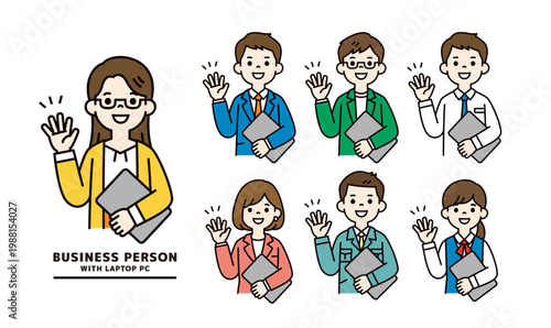 PCを片手に持って笑顔で挨拶する、若い男女の会社員・従業員の上半身ベクターイラスト素材セット
