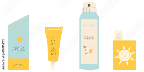 Sunblock and UV protection cosmetics set. Hand drawn doodle vector illustration of sunscreen tubes, spray, and stick with SPF 50 isolated on white.