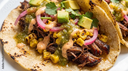 Authentic Shredded Meat Tacos with Fresh Green Salsa, Avocado, and Roasted Corn