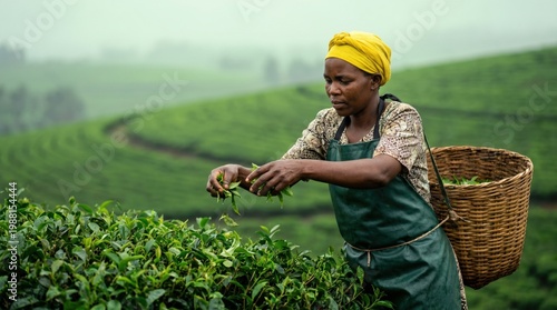 African Woman Harvesting Tea Leaves in Lush Green Plantation Field.