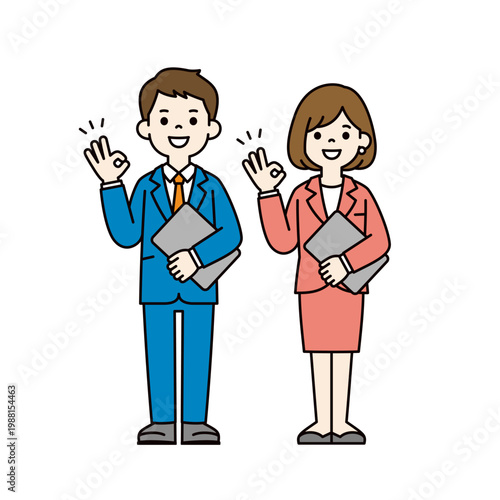 タブレットを持って成功のハンドサインをする男性社員と女性社員の全身ベクターイラスト素材セット