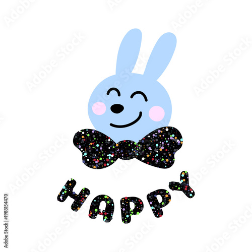 Cute blue bunny face with a sparkling black glitter bow and rosy cheeks, smiling happily in a playful flat vector style ideal for kids designs, greeting cards, party decor, stickers and social media