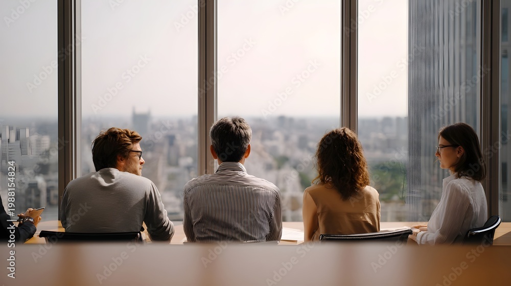 Fototapeta premium Colleagues discuss plans and look out over a vast city skyline from a modern sunlit office window