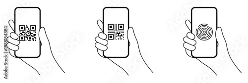 QR code scanning in smartphone icon set, hand holding mobile phone with scanner concept in modern line and flat vector style, representing mobile payment, app interaction, and digital transact