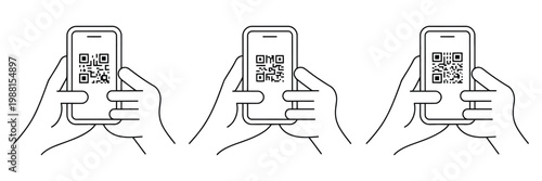 QR code scanning smartphone vector illustration, hand holding mobile phone scanning  for pay and web apps, clean editable stroke icon sheet representing digital payment, quick access,