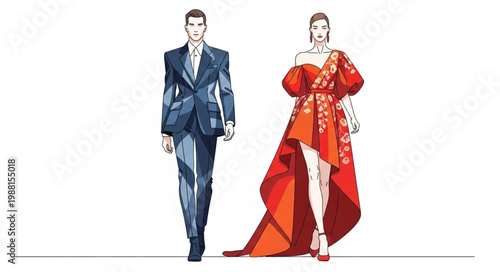Fashion illustration of a man in a suit and a woman in a dramatic gown.