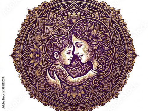 Intricate mandala art featuring a loving mother embracing her child symbolizing unconditional love family bonds and maternal care within a circular ornate and spiritual