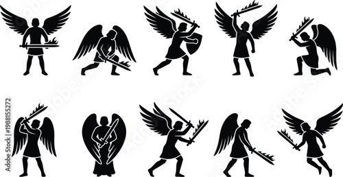 Eine Sammlung von zehn schwarzen Silhouetten von Kriegerengeln in verschiedenen Posen mit Schwertern.