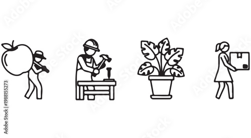 Set of minimalist black line icons featuring a farmer with an apple, a carpenter working, a potted plant, and a delivery person carrying a box for business and service design