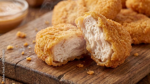 Appetizing golden-brown crispy chicken nuggets, a popular snack on a wood surface