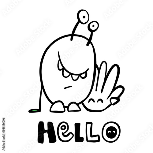 Cute doodle monster waving a friendly hand as a playful greeting illustration ideal for kids projects, stickers, social media, posters and branding with simple black line art and happy mood