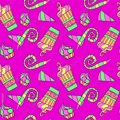 Bright seamless party pattern featuring colorful cupcakes, ice cream, candy horns and confetti elements for kids designs, wallpaper, fabric, wrapping, background ideal for invitations and textiles