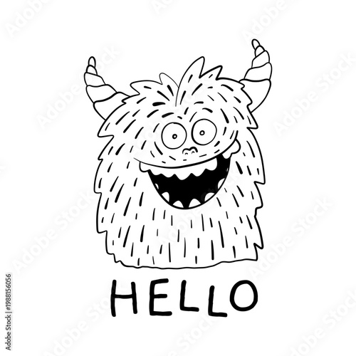 Friendly furry monster cartoon with horns and big smile saying HELLO in hand drawn doodle style, perfect for kids, coloring pages, print, greeting cards, posters and playful designs