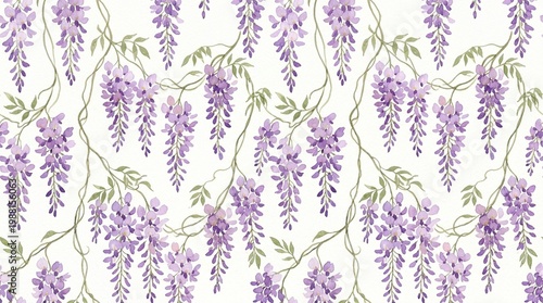 Seamless Watercolor Wisteria Pattern with Lavender Blossom Clusters for Spring Botanical Design