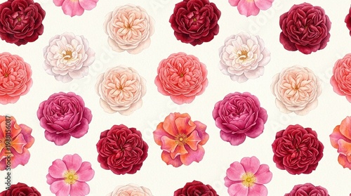 Seamless Classic Heritage British Tudor Blooming Rose Hybrid Red Pink Fragrant Garden Floral Watercolor Realistic Layout Object