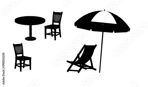 Summer patio furniture set wooden table chairs umbrella beach deck chair vector isolated on white background