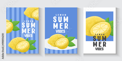 Summer. Lemons. Amalfi.blue pattern, postage stamp and Italian Mediterranean striped invitation for poster, background, Collection of summer cards with checkered and striped