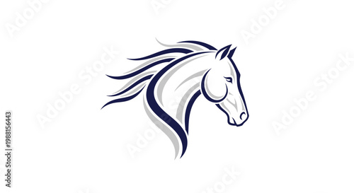 Stylized graphic illustration of a horse's head with a flowing mane, depicted in shades of blue and grey, conveying speed and elegance.