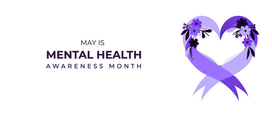 Beautiful purple awareness ribbon with flowers for mental health awareness month celebration design