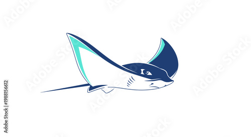 Stylized illustration of a manta ray with white body and blue accents swimming.