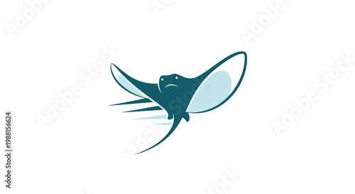 Stylized illustration of a manta ray swimming, depicted in shades of blue and teal on a clean white background, showcasing graceful aquatic movement.