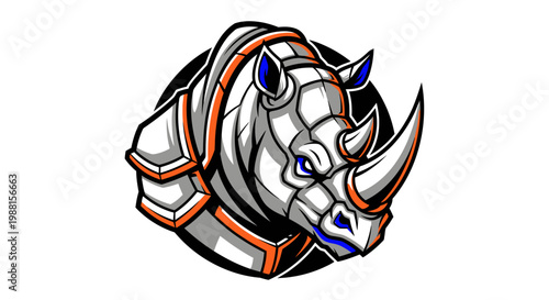 A fierce and stylized rhinoceros head mascot with armored details in white, orange, and blue, set against a dark circular background, exuding strength and power.