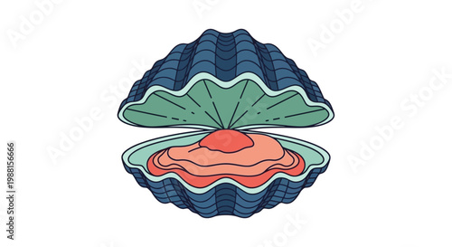Stylized illustration of an open clam or oyster shell revealing a pink mollusk inside, depicted with blue and green hues on a white background.