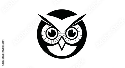 A minimalist black and white graphic illustration of an owl's face, featuring prominent eyes and sharp eyebrows within a circular design, symbolizing wisdom and nocturnal vigilance.
