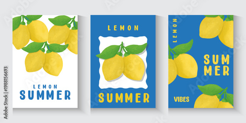 Summer. Lemons. Amalfi.blue pattern, postage stamp and Italian Mediterranean striped invitation for poster, background, Collection of summer cards with checkered and striped