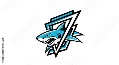 Stylized blue and white shark head with sharp teeth, framed by a modern geometric triangular design, on a white background.