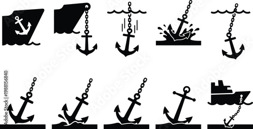 Symbol-Sequenz, die den Prozess des Ankerwerfens und Festsetzens eines Schiffes darstellt.