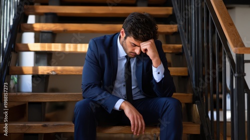 A man in a business suit sits on stairs, looking stressed and contemplative with his hand on his forehead.