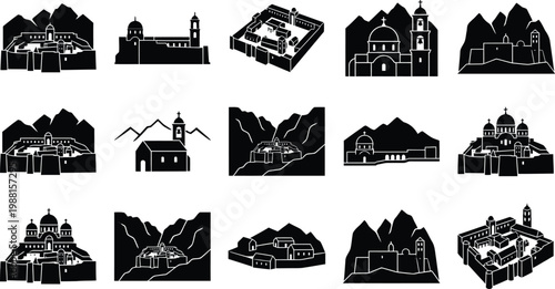 Sammlung von schwarzen Symbolen, die Klöster und Kirchen in Berglandschaften darstellen.
