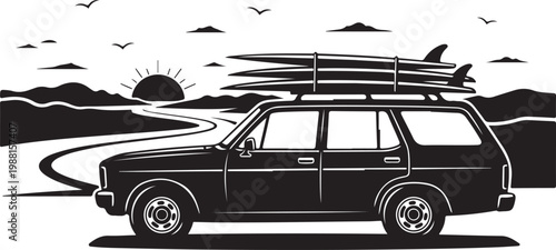 Black SUV with surfboards, road trip vector, car with luggage rack, outdoor adventure
