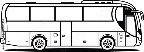 Modern coach bus side view with large windows and sleek design in clean transportation line vector illustration